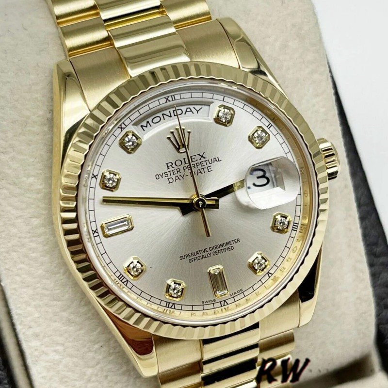 Rolex Day-Date 118238 Silver Diamond Dial 36mm Unisex Replica Watch - QualitySwissReplica