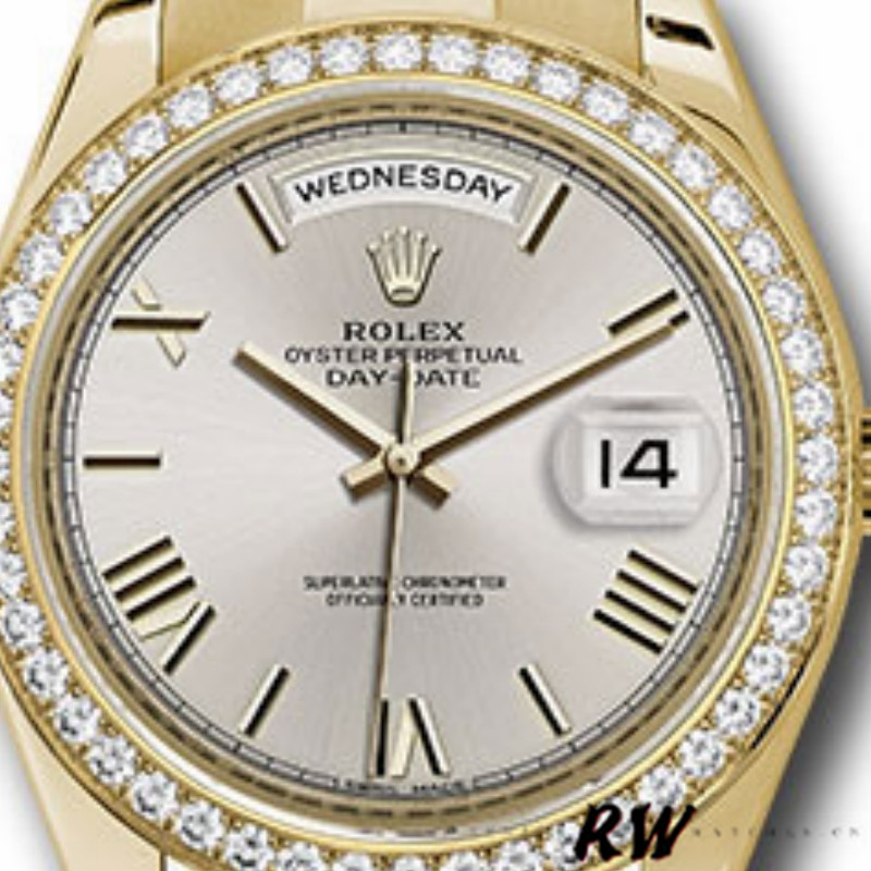 Rolex Day-Date 228348RBR Silver Roman Dial Diamond Bezel 40mm Mens Replica Watch - QualitySwissReplica
