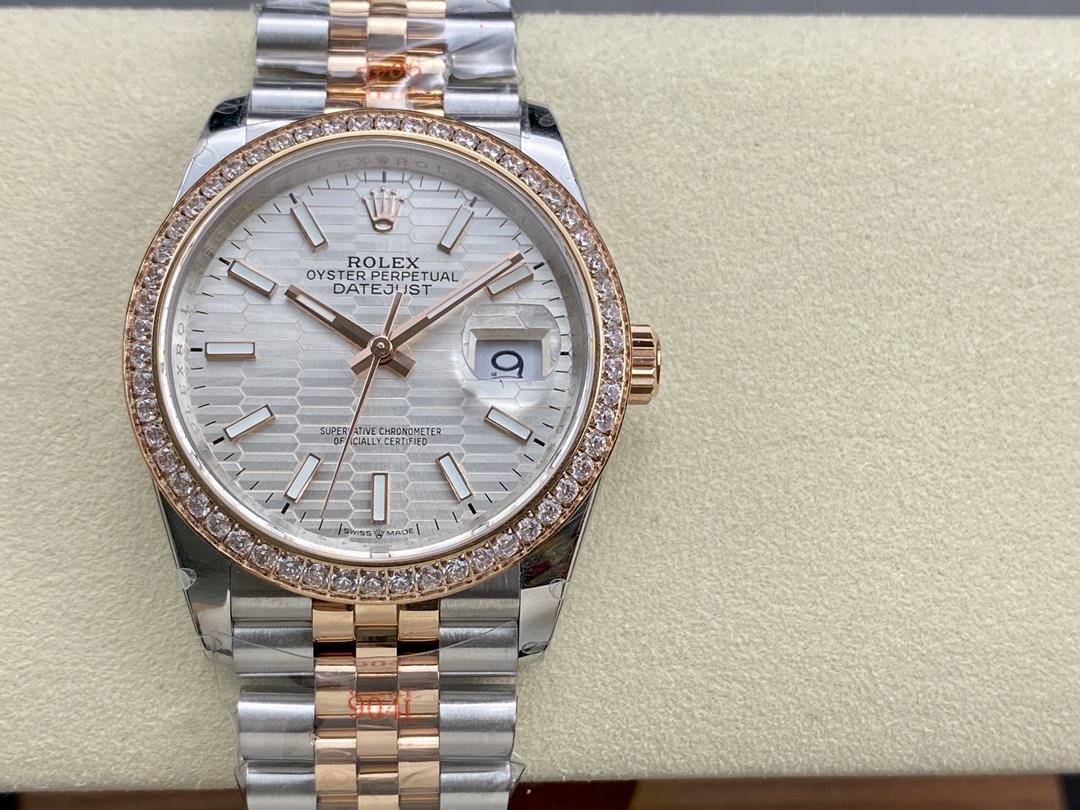 Rolex Datejust 36 Steel & Everose Gold Silver Fluted-Motif Dial Diamond Bezel M126281RBR 0021 Women's Watch - QualitySwissReplica
