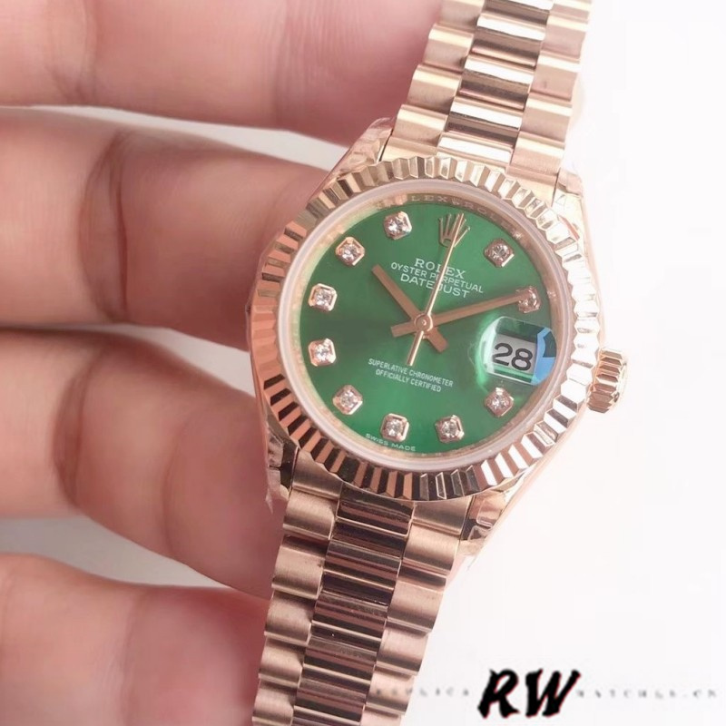 Rolex Datejust 279175 Olive Green Diamonds Dial Fluted Bezel 28mm Lady Replica Watch - QualitySwissReplica