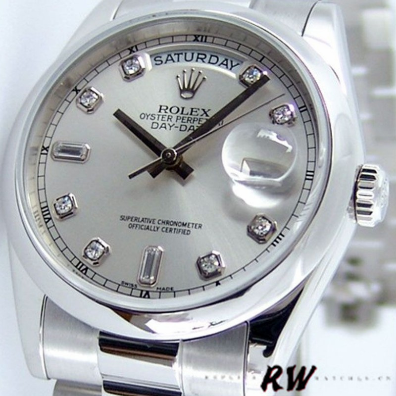 Rolex Day-Date 118206 Silver Diamond Dial Platinum 36mm Unisex Replica Watch - QualitySwissReplica