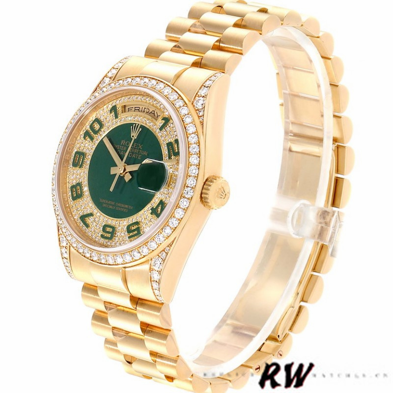 Rolex Day-Date 118388 Yellow Gold Green Enamel Diamond Dial 36MM Unisex Replica Watch - QualitySwissReplica