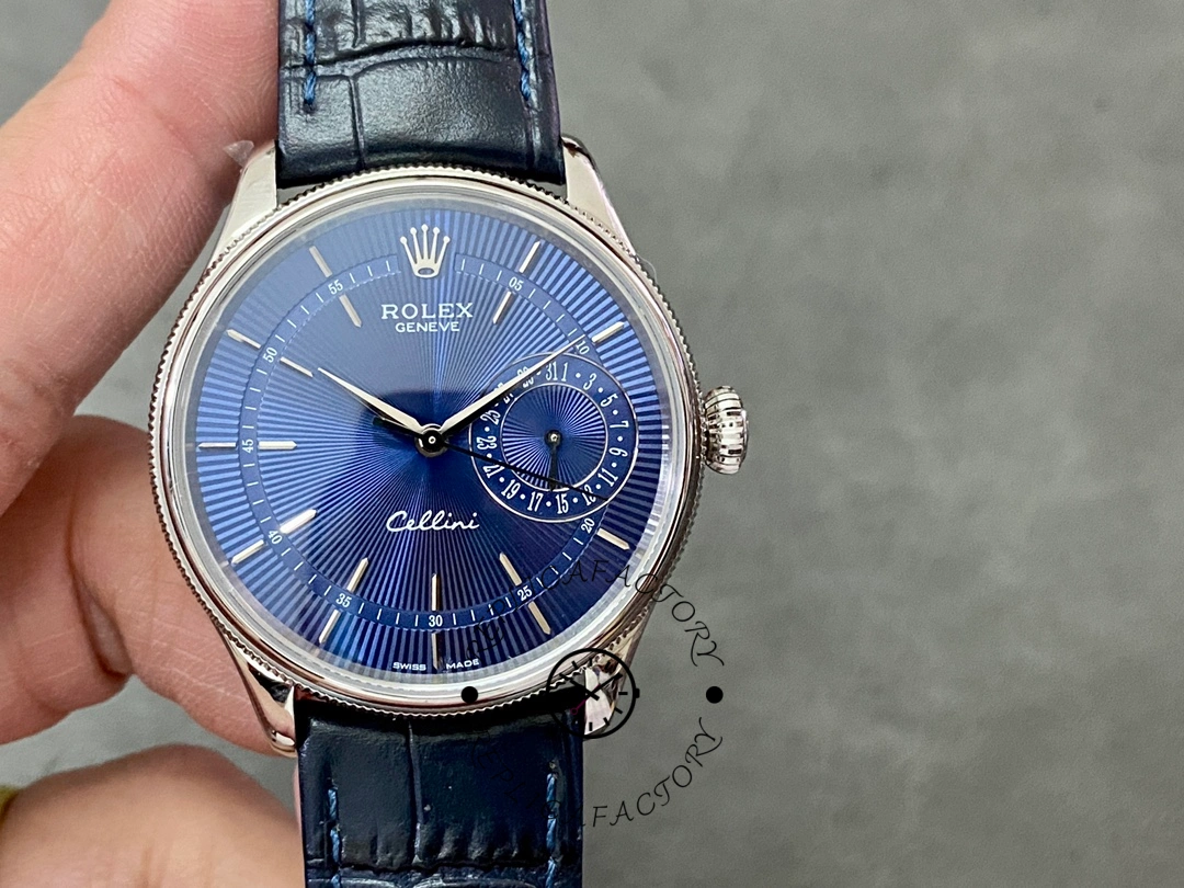 Rolex Cellini Date 50519 Blue Dial Blue Leather Strap 39MM Mens Replica Watch - QualitySwissReplica