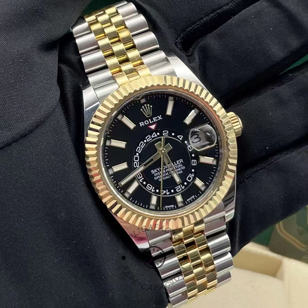 Rolex Sky-Dweller 326933 Stainless Steel Yellow Gold Black Dial 42MM Mens Replica Watch - QualitySwissReplica