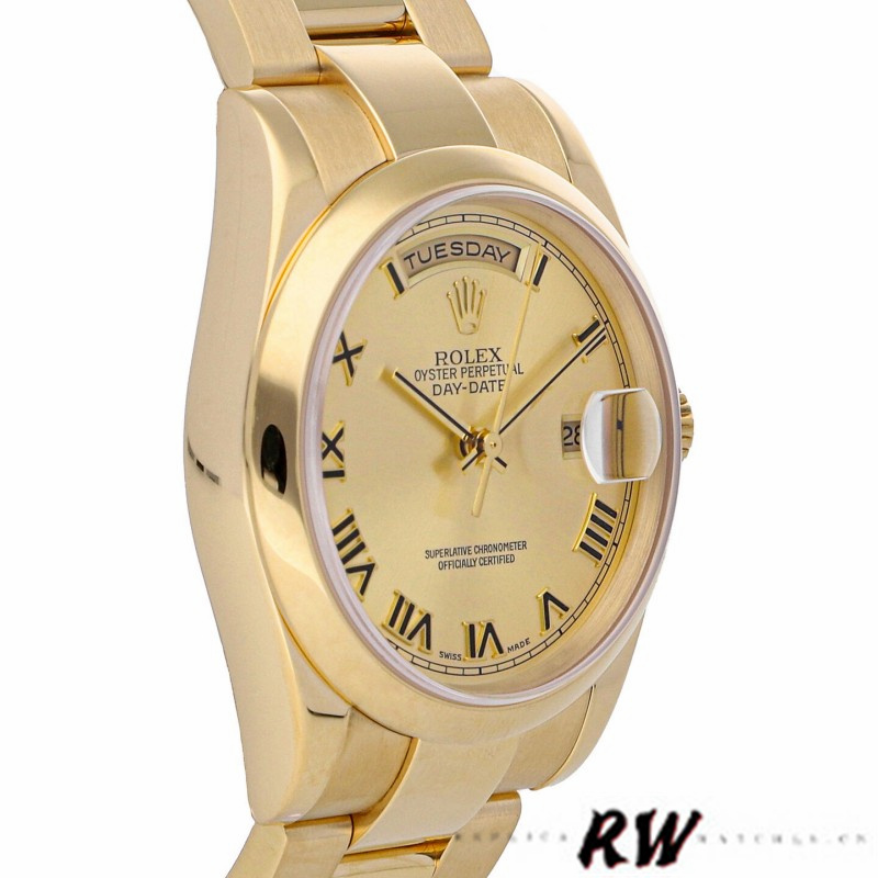 Rolex Day-Date 118208 Yellow Gold Champagne Dial Roman Numerals 36mm Unisex Replica Watch - QualitySwissReplica