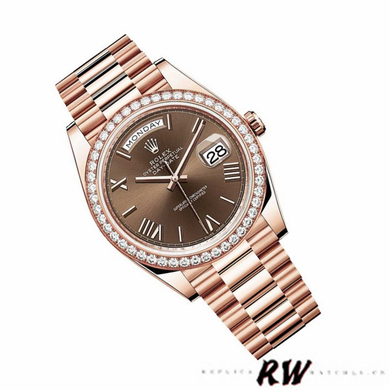 Rolex Day-Date 228345RBR Chocolate Brown Roman Dial Diamond Bezel 40mm Mens Replica Watch - QualitySwissReplica
