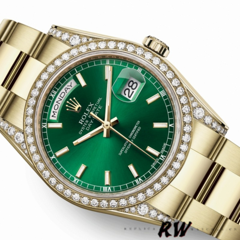 Rolex Day-Date 118388 Diamond Dezel Green Index Dial 36MM Unisex Replica Watch - QualitySwissReplica