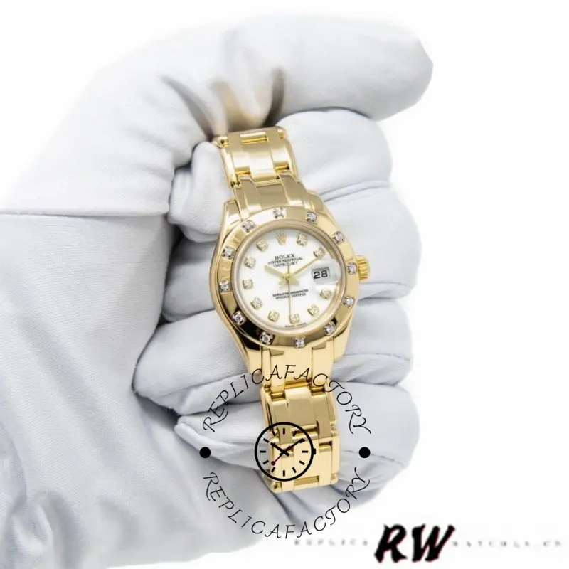 Rolex Pearlmaster 80318 Yellow Gold White Dial 29MM Lady Replica Watch - QualitySwissReplica