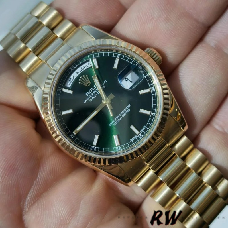 Rolex Day-Date 118238 Yellow Gold Fluted Bezel Green Dial 36mm Unisex Replica Watch - QualitySwissReplica