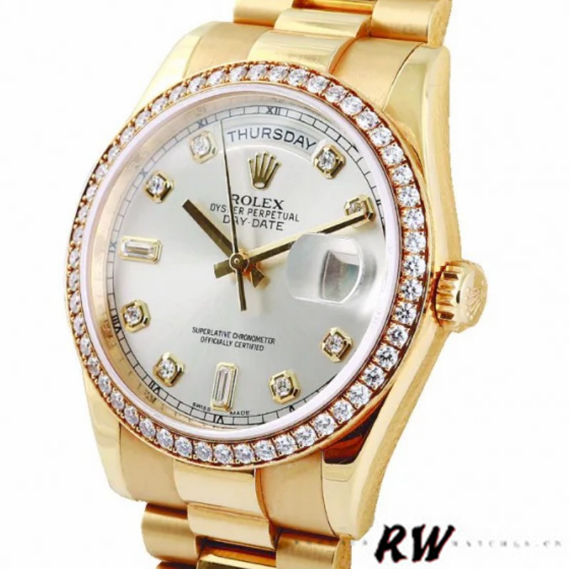 Rolex Day-Date 118348 Silver Diamond Dial 36mm Unisex Replica Watch - QualitySwissReplica