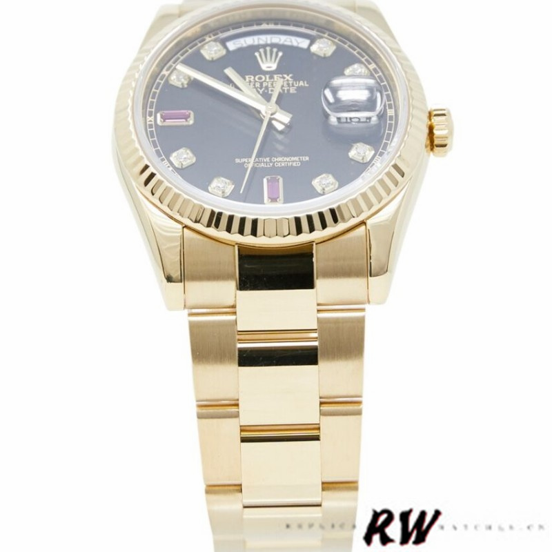 Rolex Day Date 118238 Yellow Gold Black Diamond Dial Fluted Bezel 36mm Mens Replica Watch - QualitySwissReplica