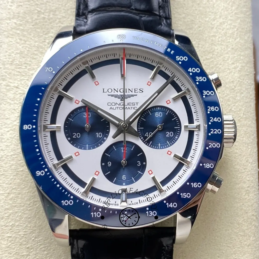 Longines L3.835.4.98.9 Conquest Leather Strap Replica Blue Bezel Chronograph - QualitySwissReplica