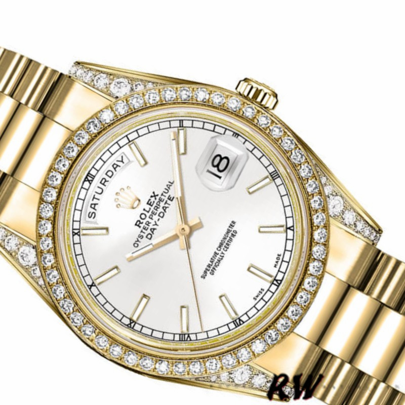 Rolex Day-Date 118388 Diamond Bezel White Dial 36MM Unisex Replica Watch - QualitySwissReplica