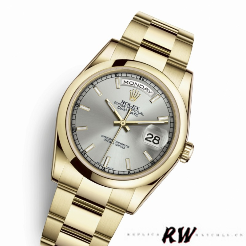 Rolex Day-Date 118208 Silver Dial Yellow Gold 36mm Unisex Replica Watch - QualitySwissReplica