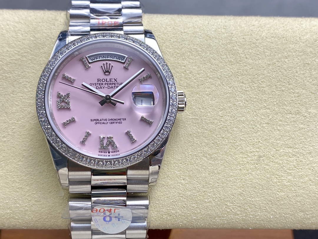 Rolex Day Date 36 Platinum Pink Opal Diamond-Set Roman Dial Diamond Bezel m128396tbr 0009 - QualitySwissReplica