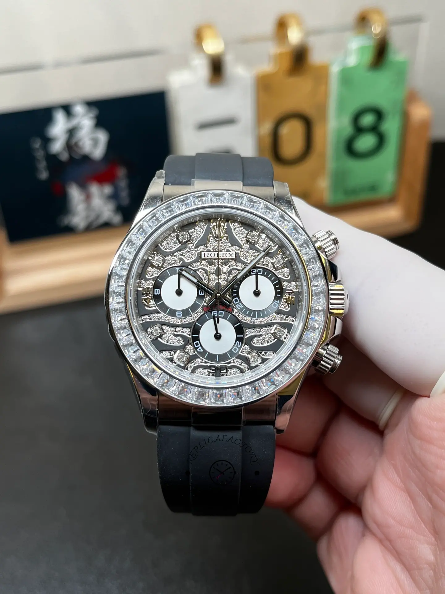 Rolex Daytona 40mm Eye of the Tiger White Gold Diamond Dial Oysterflex 116589TBR - QualitySwissReplica