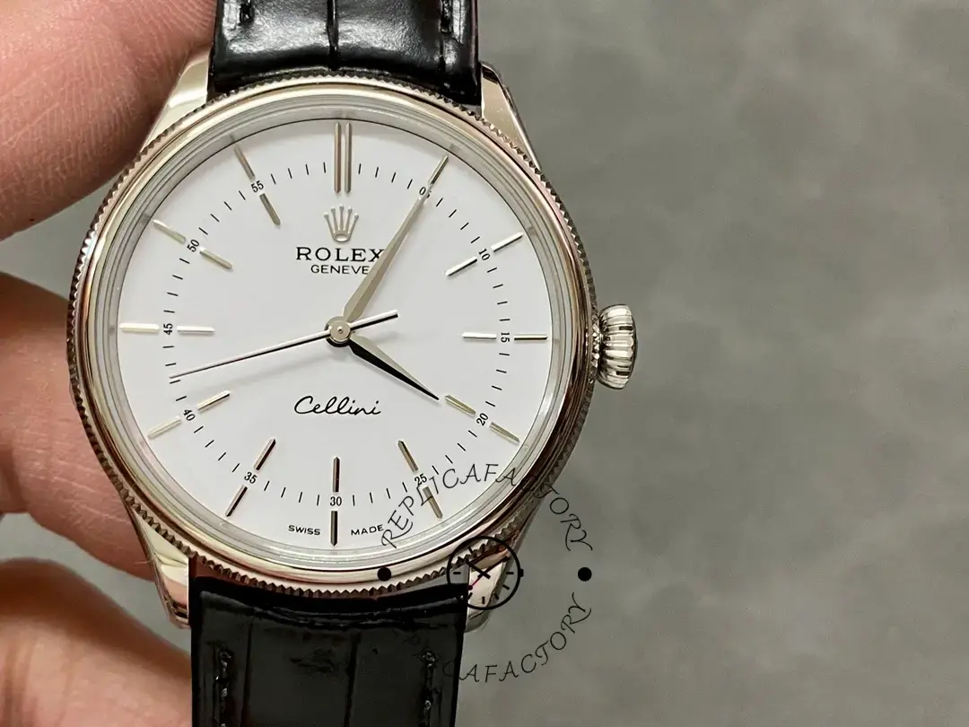Rolex Cellini Time 50509 Black Leather Strap White Dial 39mm Mens Replica Watch - QualitySwissReplica