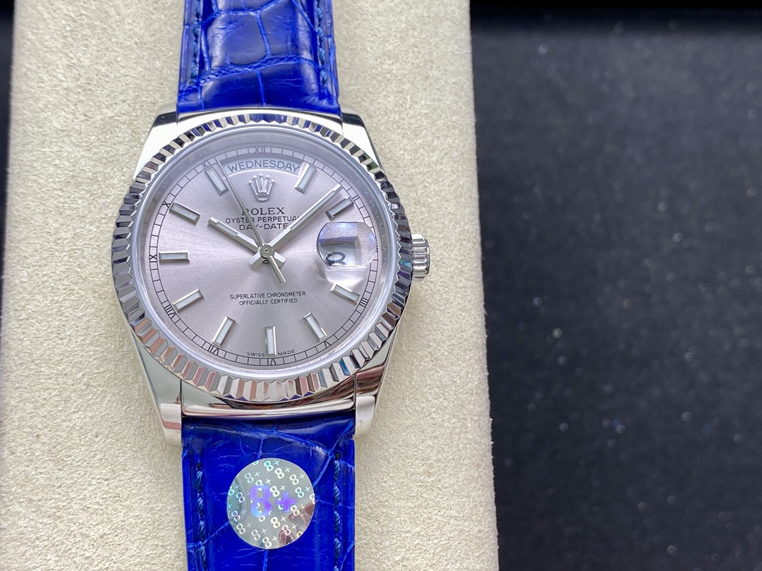 Rolex Day Date 36 White Gold Silver Dial 118139 0097 Blue Leather Strap - QualitySwissReplica