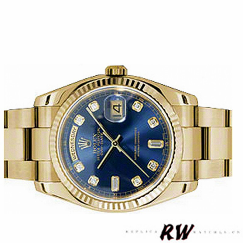 Rolex Day-Date 118238 Yellow Gold Blue Diamond Dial Unisex Replica Watch - QualitySwissReplica