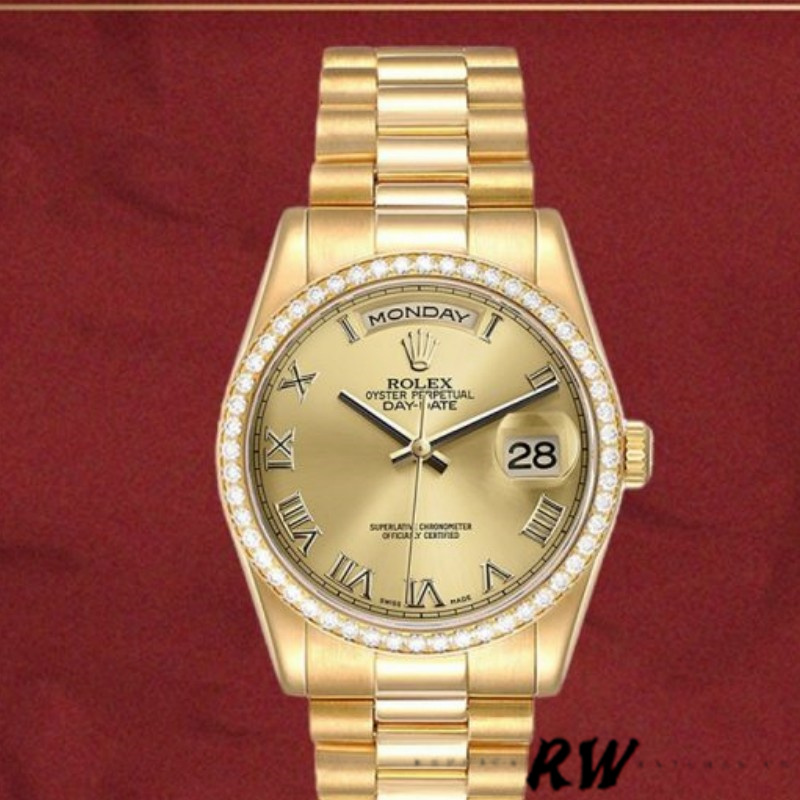 Rolex Day Date 118348 Champagne dial Yellow Gold 36mm Unisex Replica Watch - QualitySwissReplica