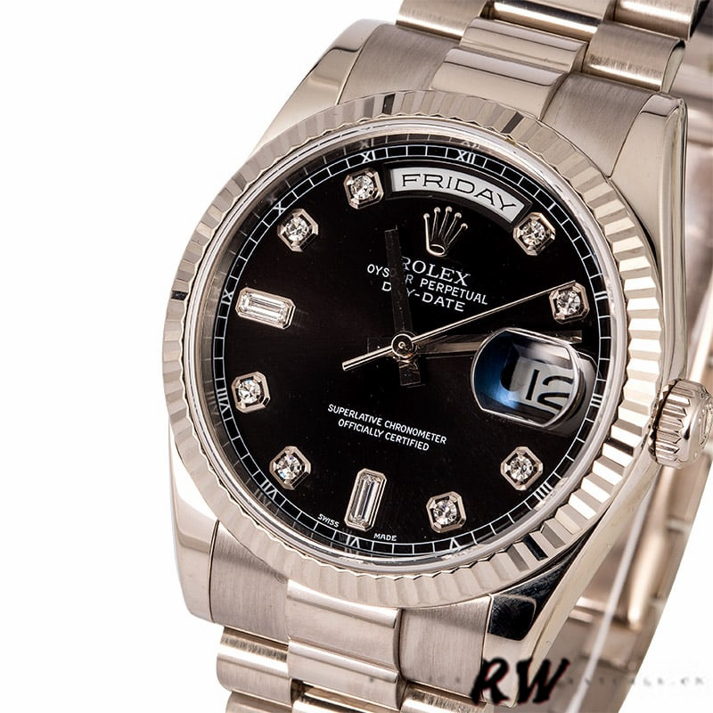 Rolex Day-Date 118239 Black Diamonds Dial Fluted Bezel 36mm Unisex Replica Watch - QualitySwissReplica