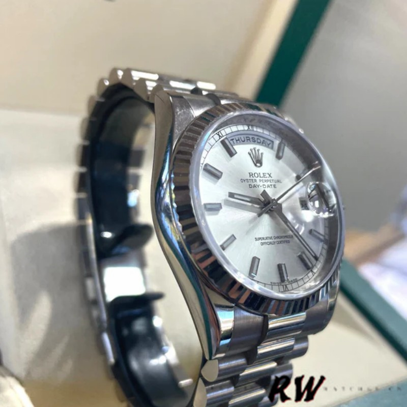 Rolex Day-Date 118239 White Gold Silver dial Fluted Bezel 36mm Unisex Replica Watch - QualitySwissReplica