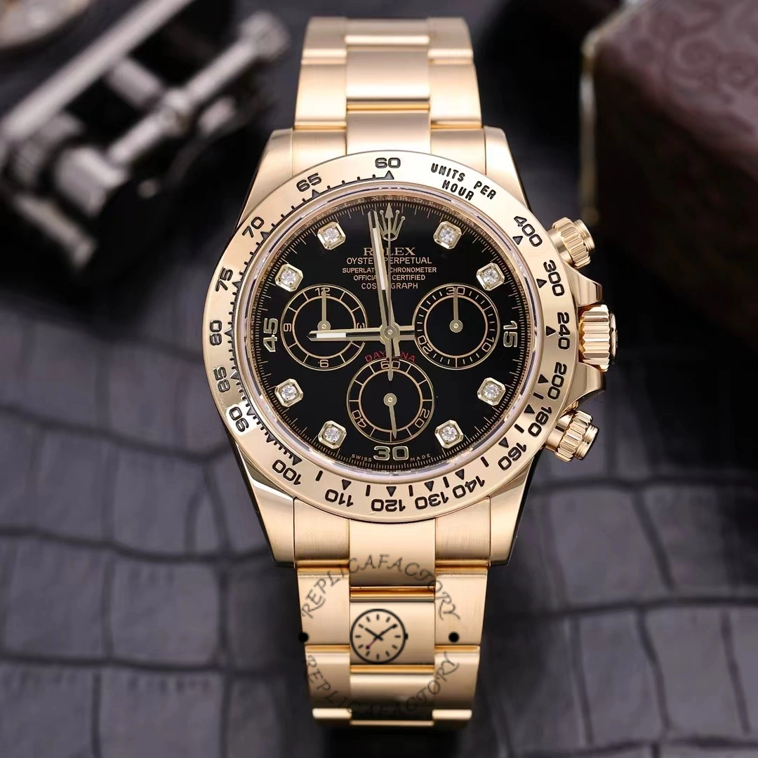 Rolex Daytona 116508 Yellow Gold Black Diamond Dial 40MM Mens Replica Watch - QualitySwissReplica