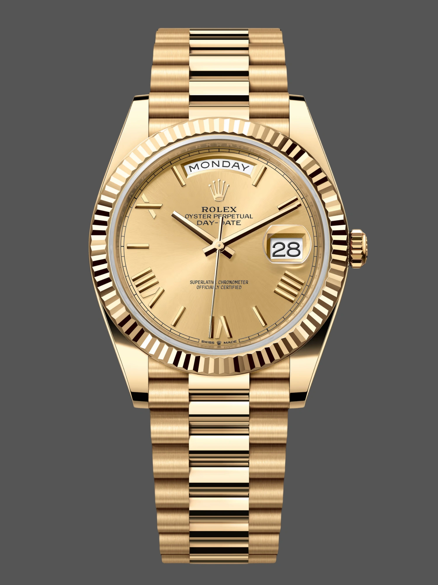 Rolex Day-Date 228238 Champagne Roman Dial Fluted Bezel 40mm Mens Replica Watch - QualitySwissReplica