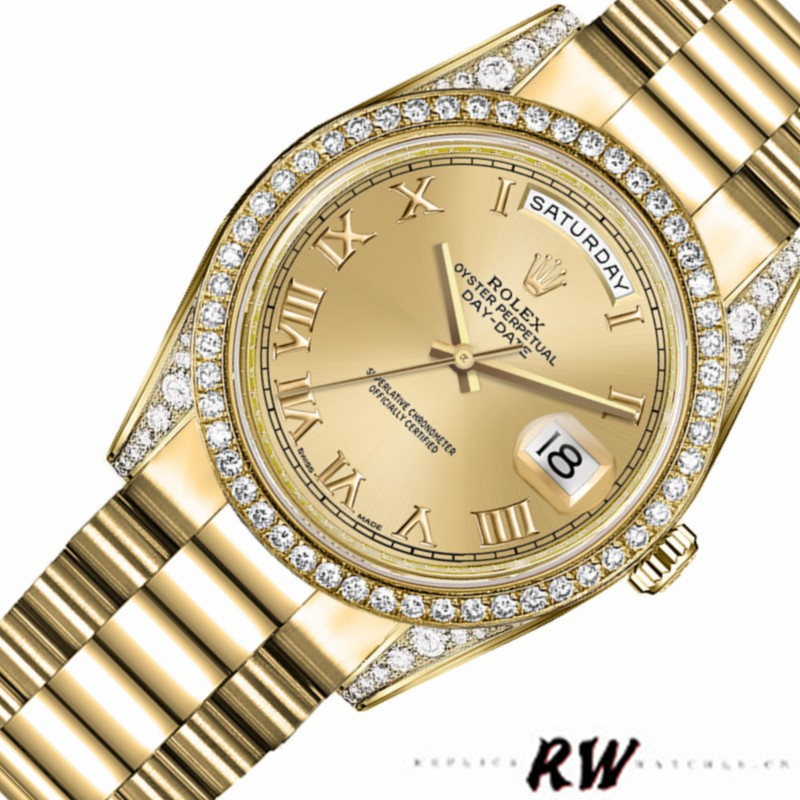 Rolex Day-Date 118388 Diamond Bezel Champagne Roman Numeral Dial 36MM Unisex Replica Watch - QualitySwissReplica
