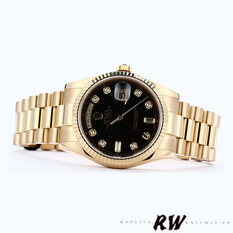 Rolex Day Date 118238 Yellow Gold Black Diamond Dial 36mm Mens Replica Watch - QualitySwissReplica