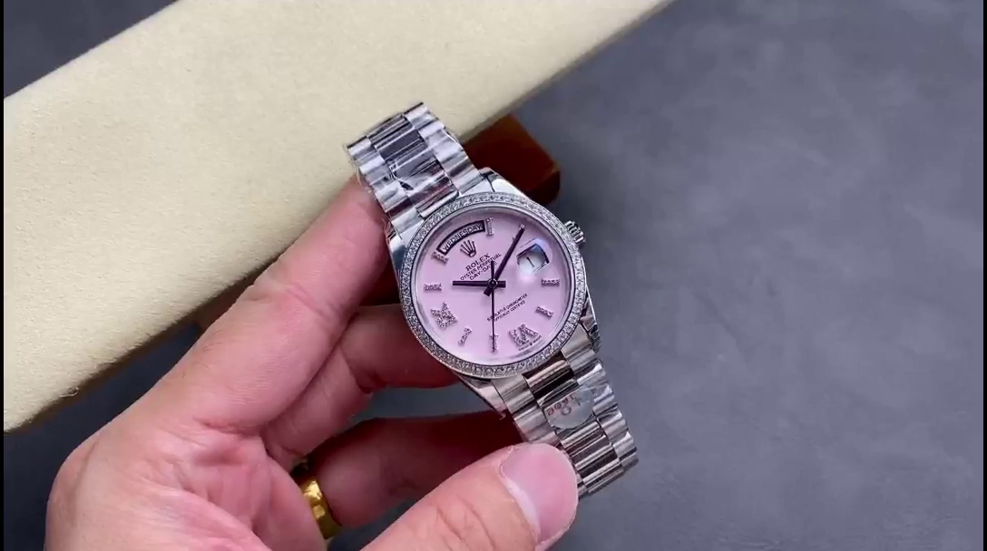 Rolex Day Date 36 Platinum Pink Opal Diamond-Set Roman Dial Diamond Bezel m128396tbr 0009 - QualitySwissReplica