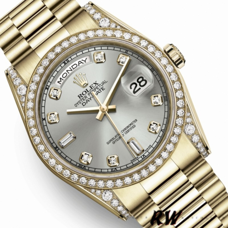 Rolex Day-Date 118388 Yellow Gold Silver Diamond Dial 36MM Unisex Replica Watch - QualitySwissReplica
