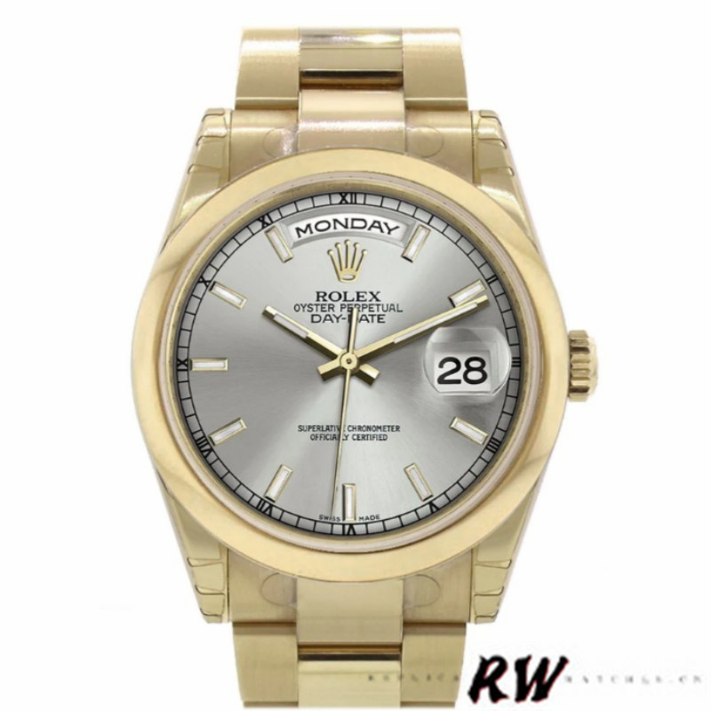 Rolex Day-Date 118208 Silver Dial Yellow Gold 36mm Unisex Replica Watch - QualitySwissReplica