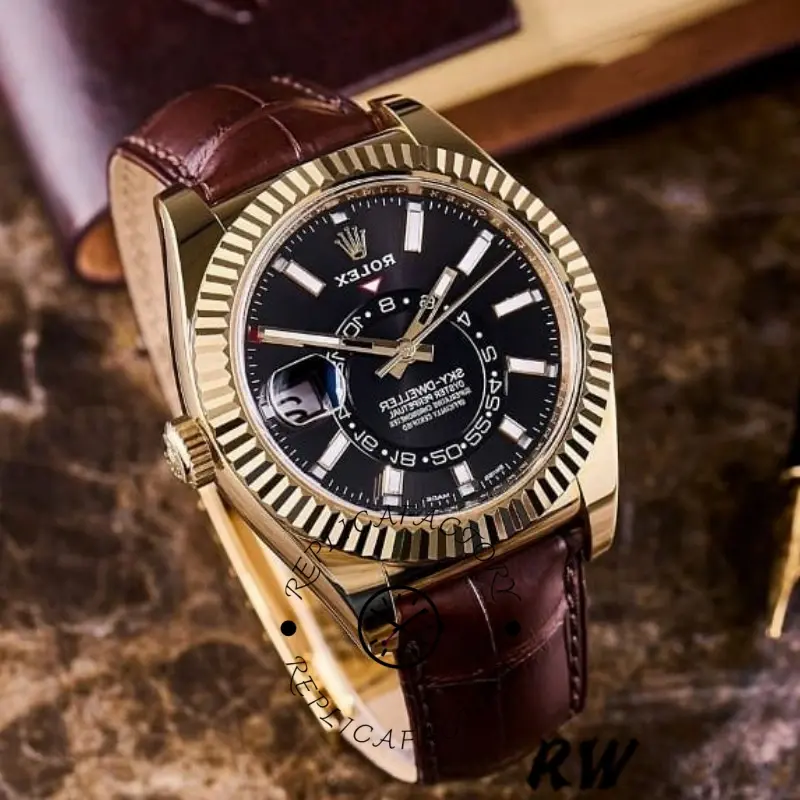 Rolex Sky-Dweller 326138 Black Dial Yellow Gold 42MM Mens Replica Watch - QualitySwissReplica