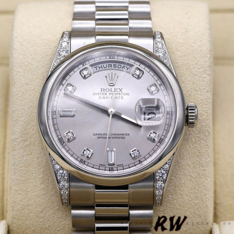 Rolex Day-Date 118296 Platinum Silver Dial Diamond 36mm Unisex Replica Watch - QualitySwissReplica