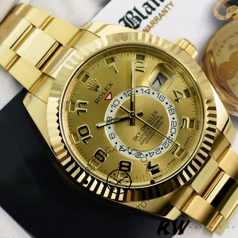Rolex Sky-Dweller 326938 Yellow Gold Champagne Arabic Dial 42mm Mens Replica Watch - QualitySwissReplica