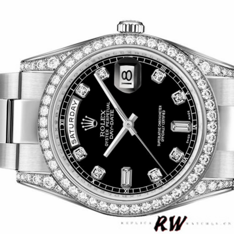 Rolex Day-Date 118389 Diamond Bezel Black Diamond Dial 36MM Unisex Replica Watch - QualitySwissReplica