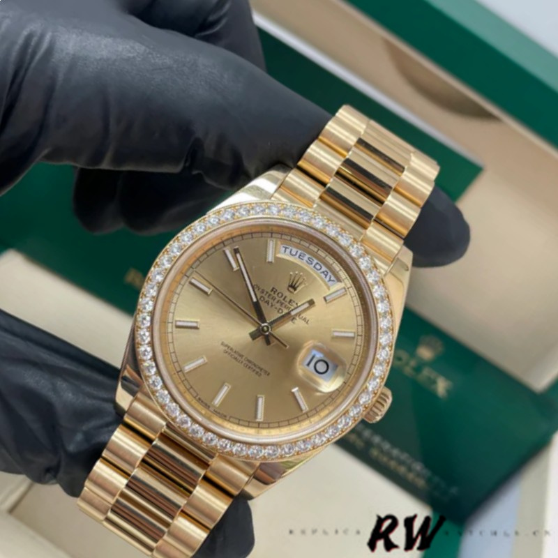 Rolex Day-Date 228348RBR Champagne Index Dial Diamond Bezel 40mm Mens Replica Watch - QualitySwissReplica