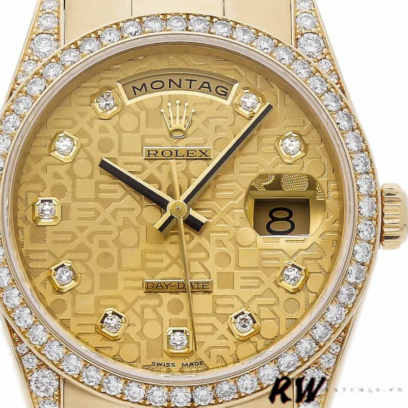 Rolex Day-Date 118388 Yellow Gold Champagne Diamond Dial 36MM Unisex Replica Watch - QualitySwissReplica