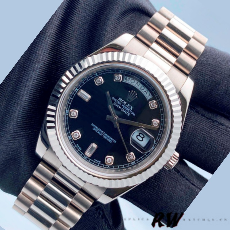 Rolex Day-Date 218239 Diamond Black Dial White Gold 41MM Mens Replica Watch - QualitySwissReplica