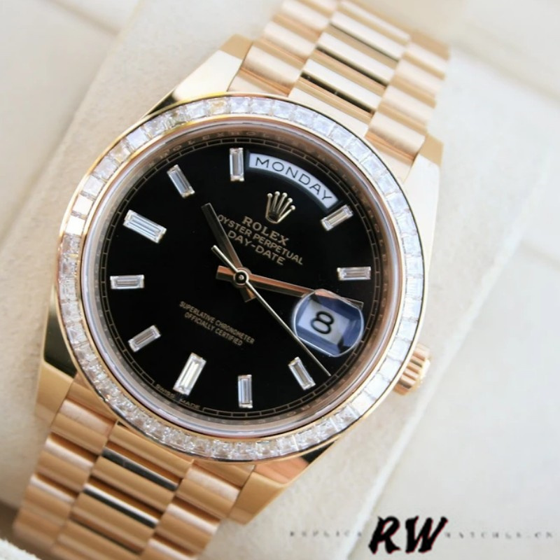 Rolex Day-Date 228398TBR Black Diamond Dial Diamond Bezel 40mm Mens Replica Watch - QualitySwissReplica
