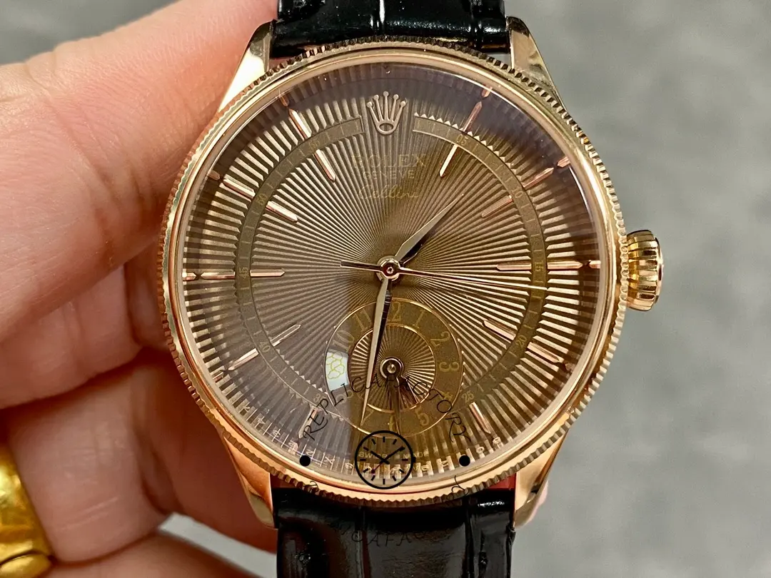 Rolex Cellini Dual Time 50525 Brown Guilloche Dial Black Leather Strap 39mm Mens Replica Watch - QualitySwissReplica