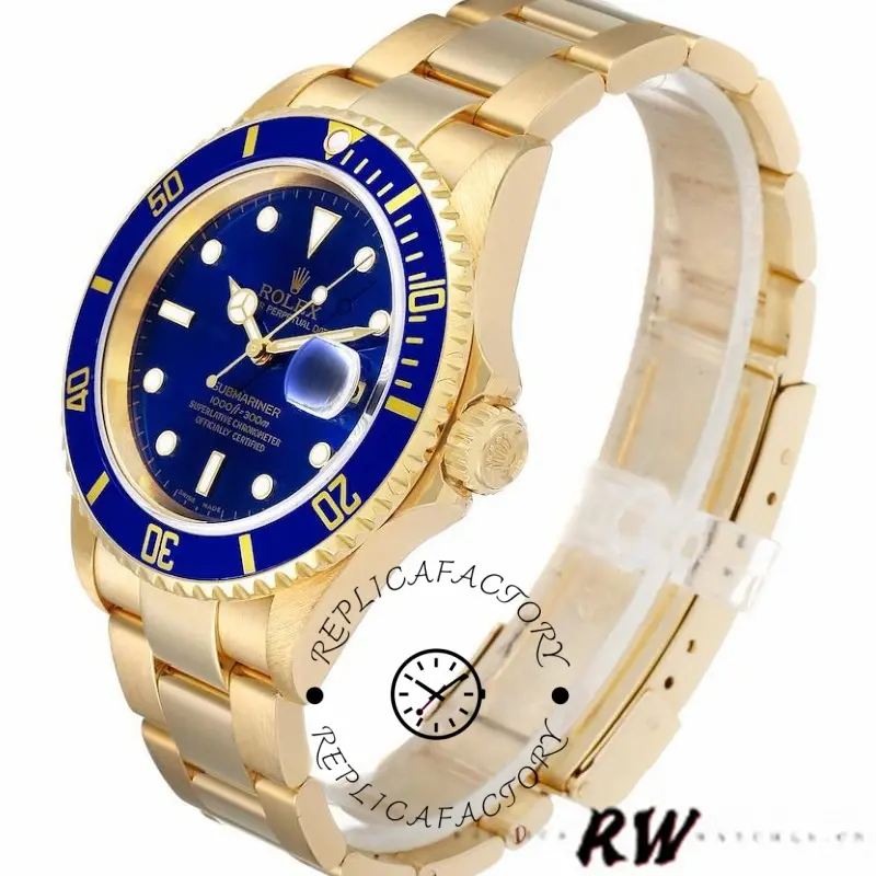 Rolex Submariner 16618 Yellow Gold Blue Dial 40mm Mens Replica Watch - QualitySwissReplica