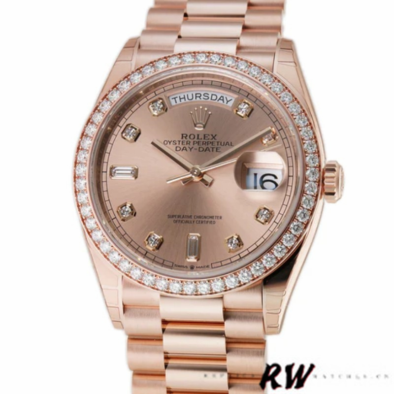Rolex Day-Date 128345RBR Champagne Rose Dial Everose Gold 36MM Unisex Replica Watch - QualitySwissReplica