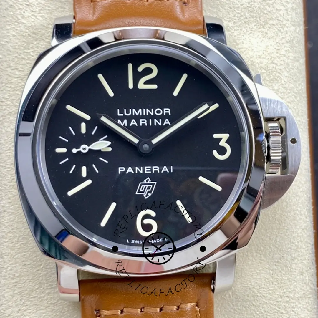 Panerai PAM00005 Luminor Marina Replica Logo Tan Strap Manual Men's Watch - QualitySwissReplica