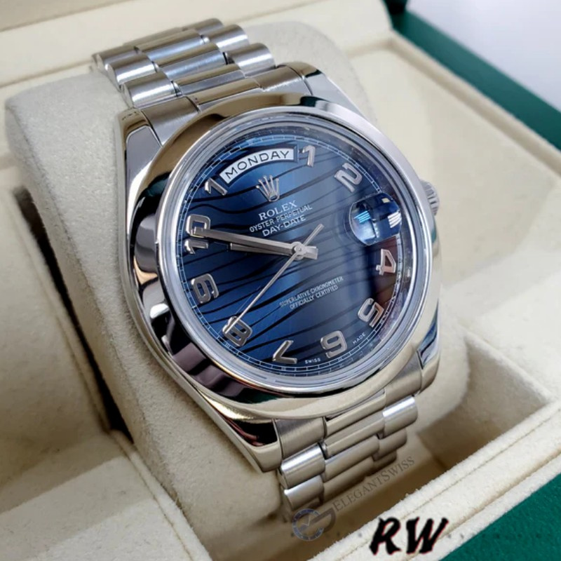 Rolex Day-Date 218206 Wave Pattern Blue Dial Platinum 41MM Mens Replica Watch - QualitySwissReplica