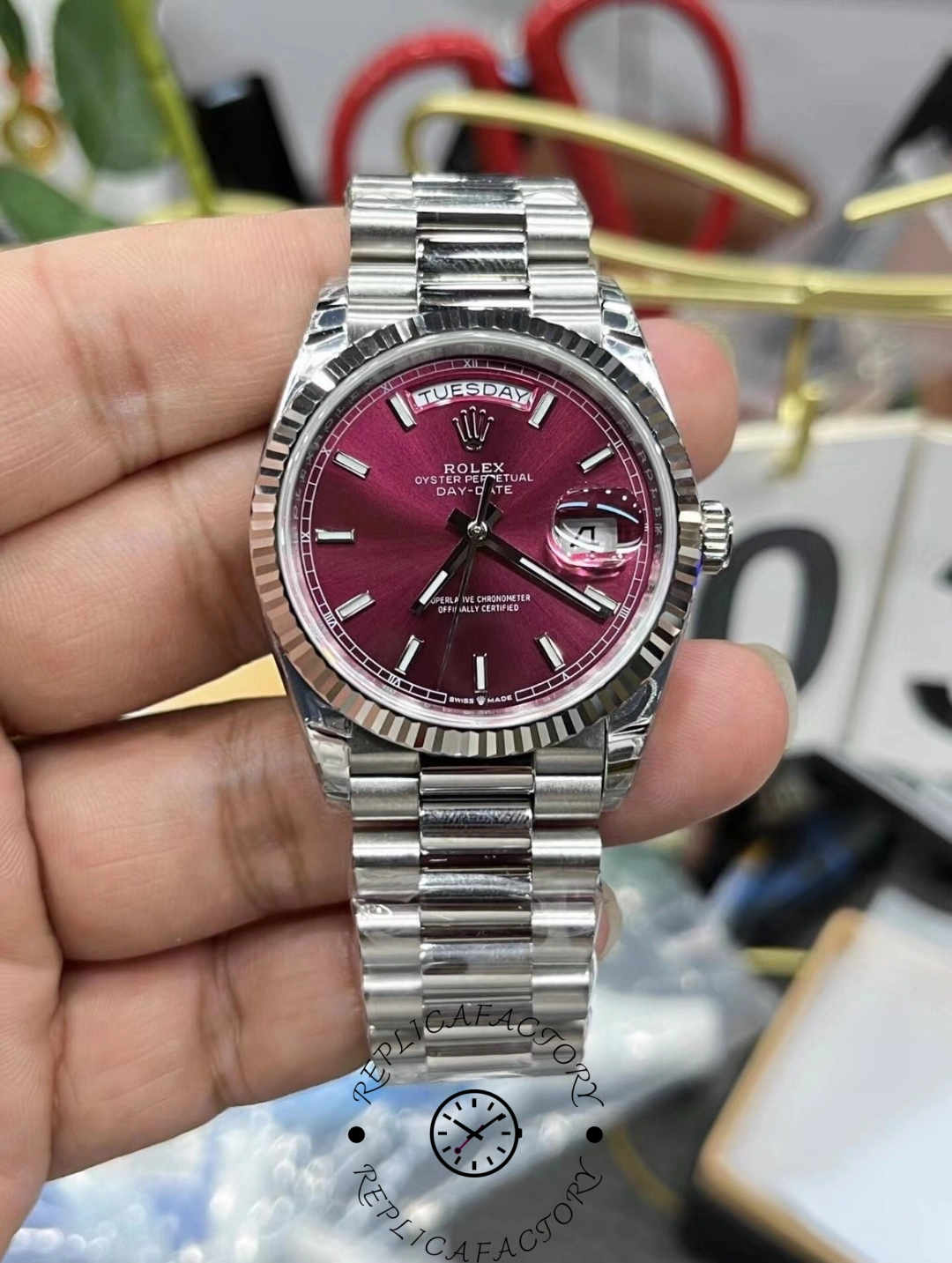 Rolex Day-Date 118239 Cherry Red Dial Fluted Bezel 36mm Lady Replica Watch - QualitySwissReplica