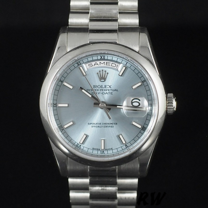 Rolex Day-Date 118206 Ice Blue Dial Polished Platinum Bezel 36mm Unisex Replica Watch - QualitySwissReplica