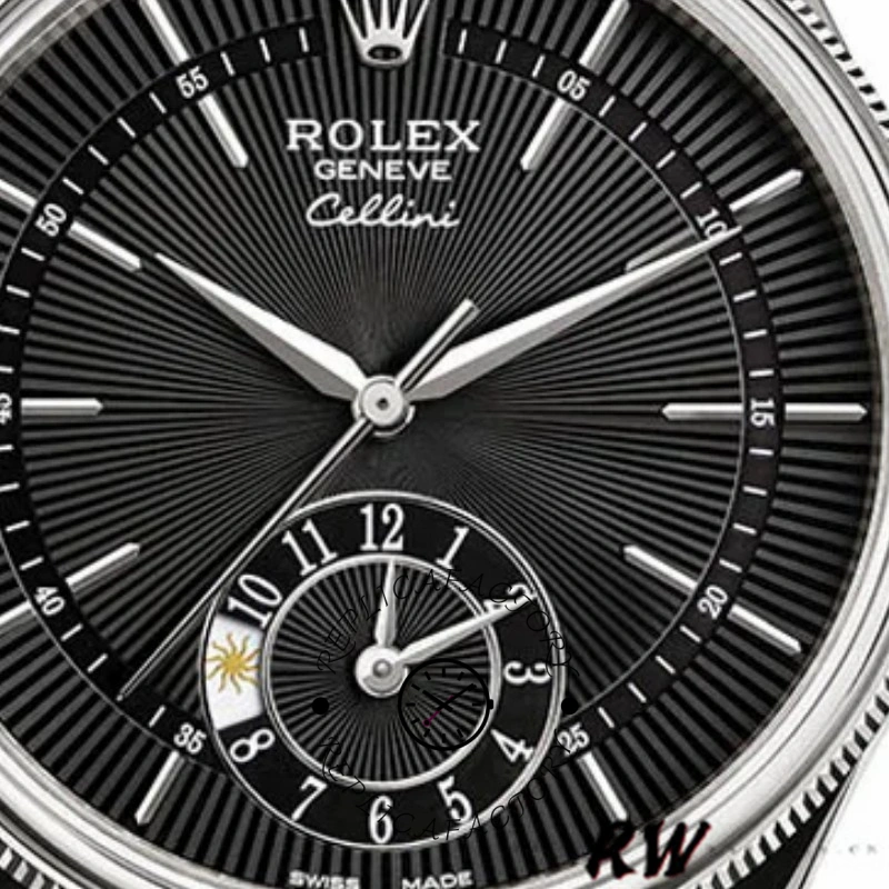 Rolex Cellini Dual Time 50529 Black Dial Brown Leather Strap 39mm Mens Replica Watch - QualitySwissReplica