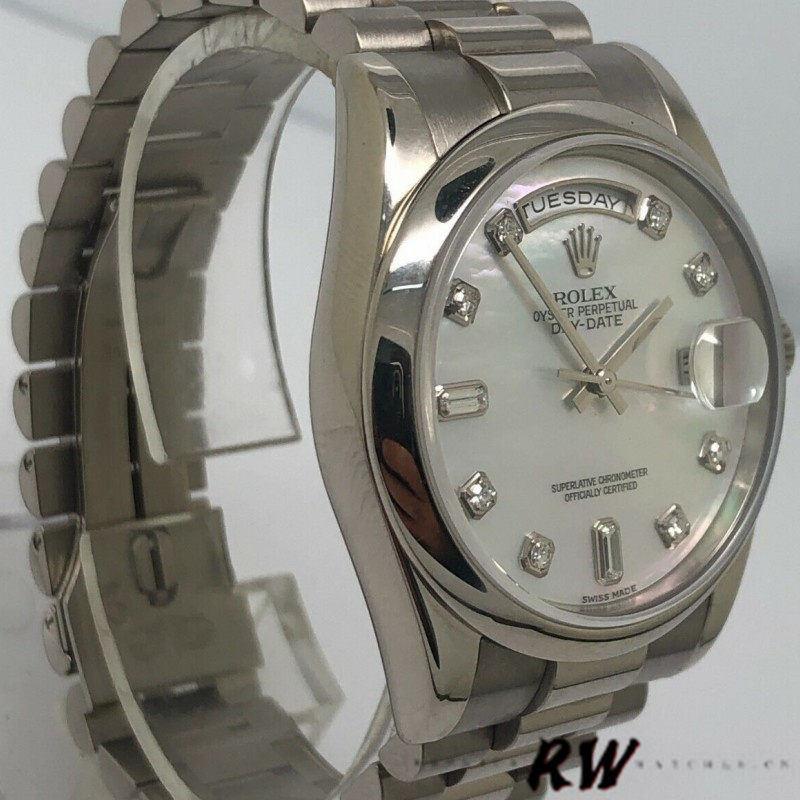 Rolex Day-Date 118206 Platinum White Mother of Pearl Diamond Dial 36mm Unisex Replica Watch - QualitySwissReplica
